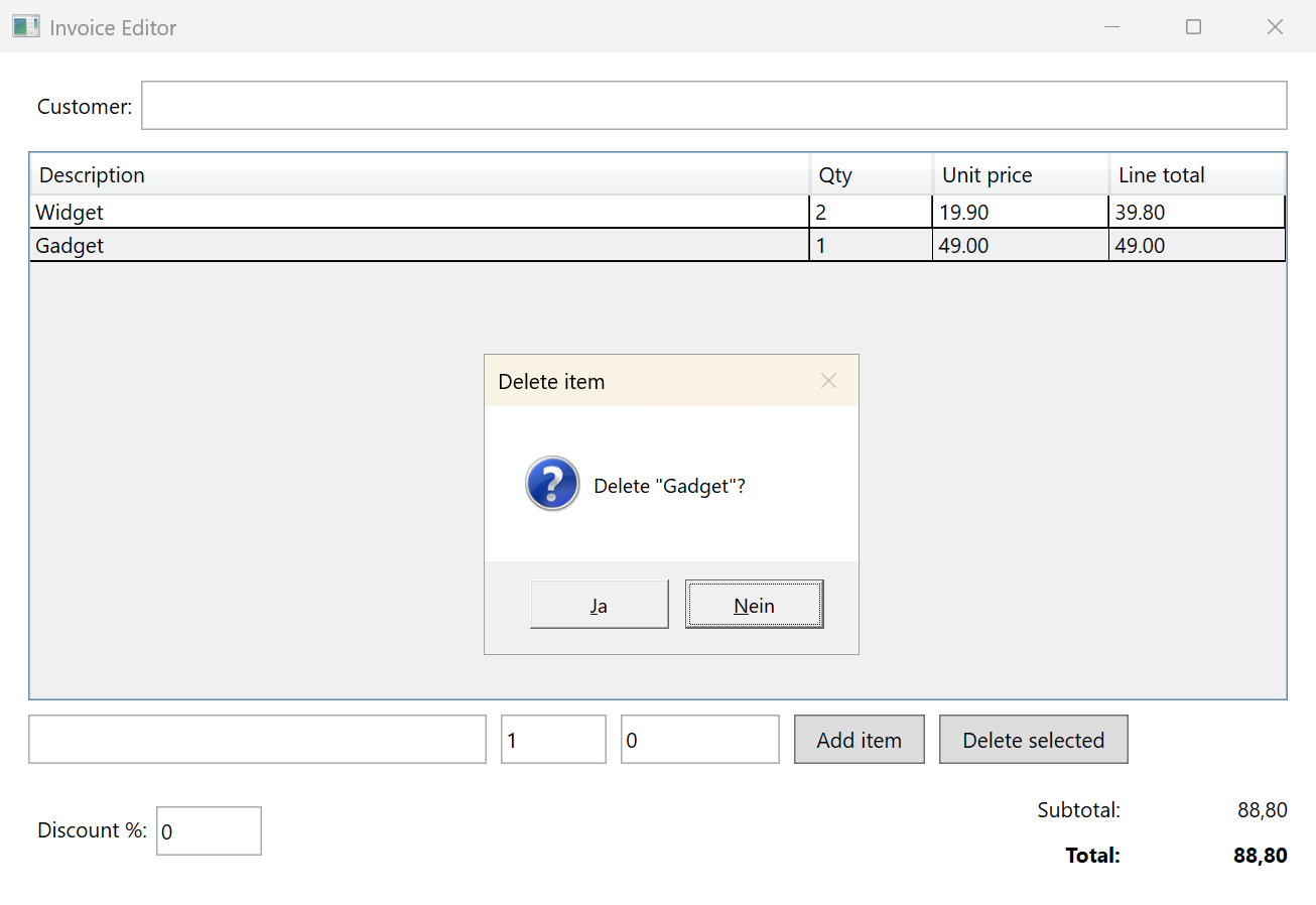InvoiceApp after the run of the delete card, a dialog asks whether to delete the item Gadget