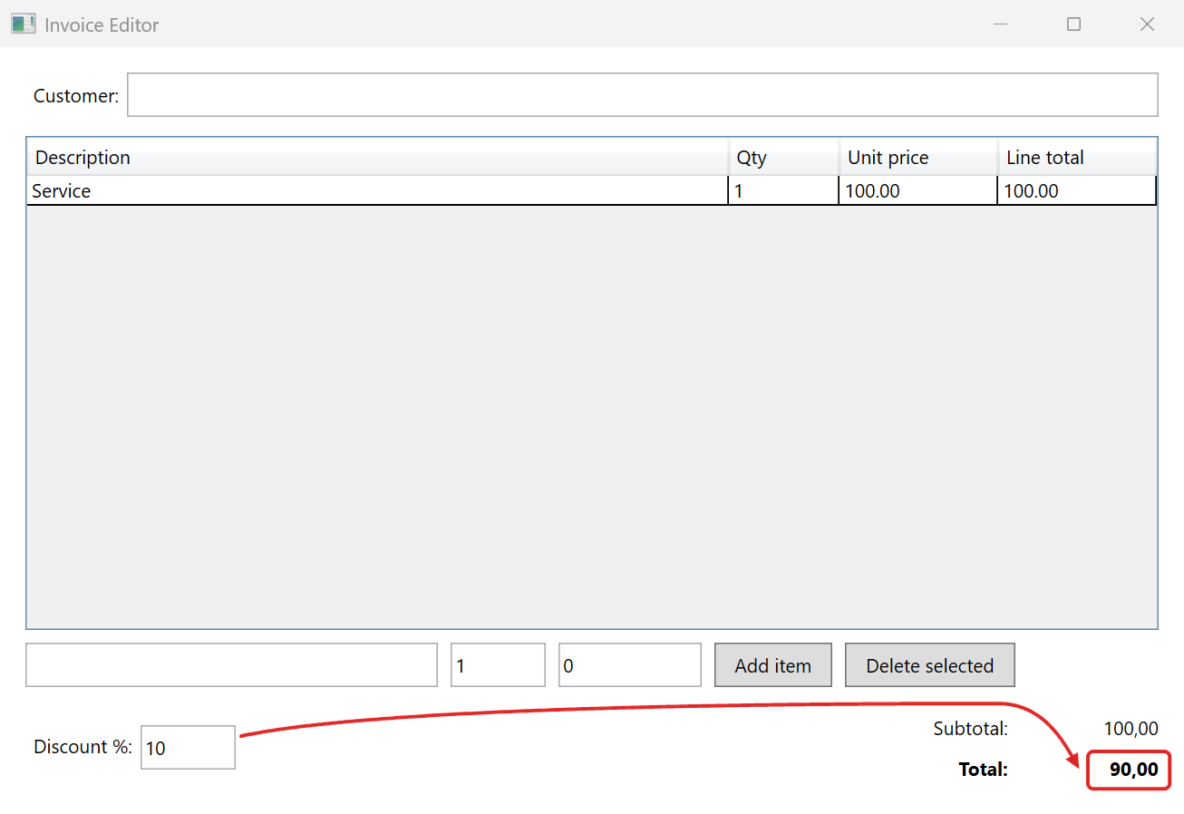 InvoiceApp after the change, a red arrow from the discount of 10 to the total of 90,00