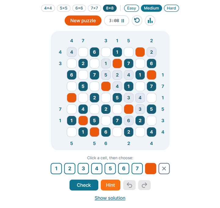 EdgeNums, an 8 by 8 puzzle in play