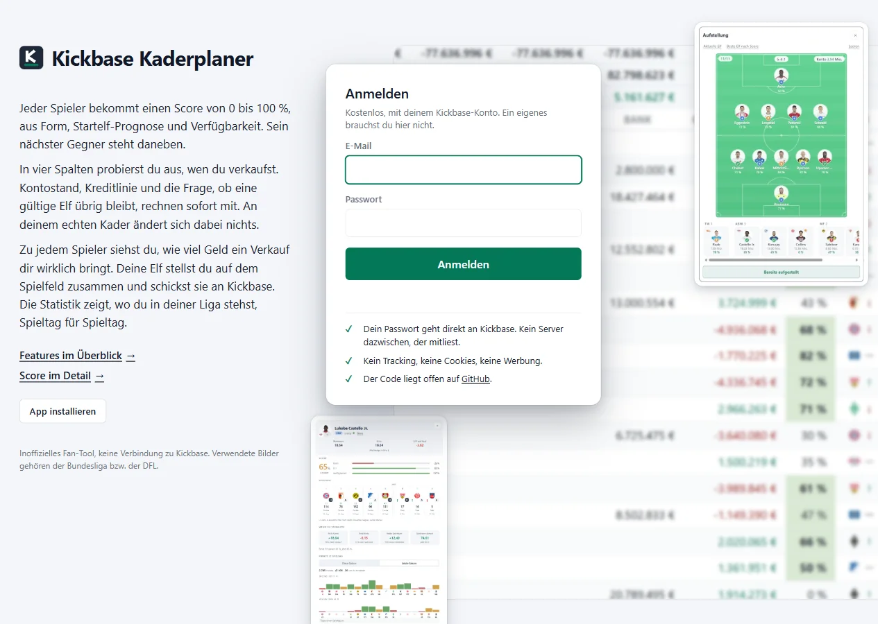 Kickbase Kaderplaner, the start page