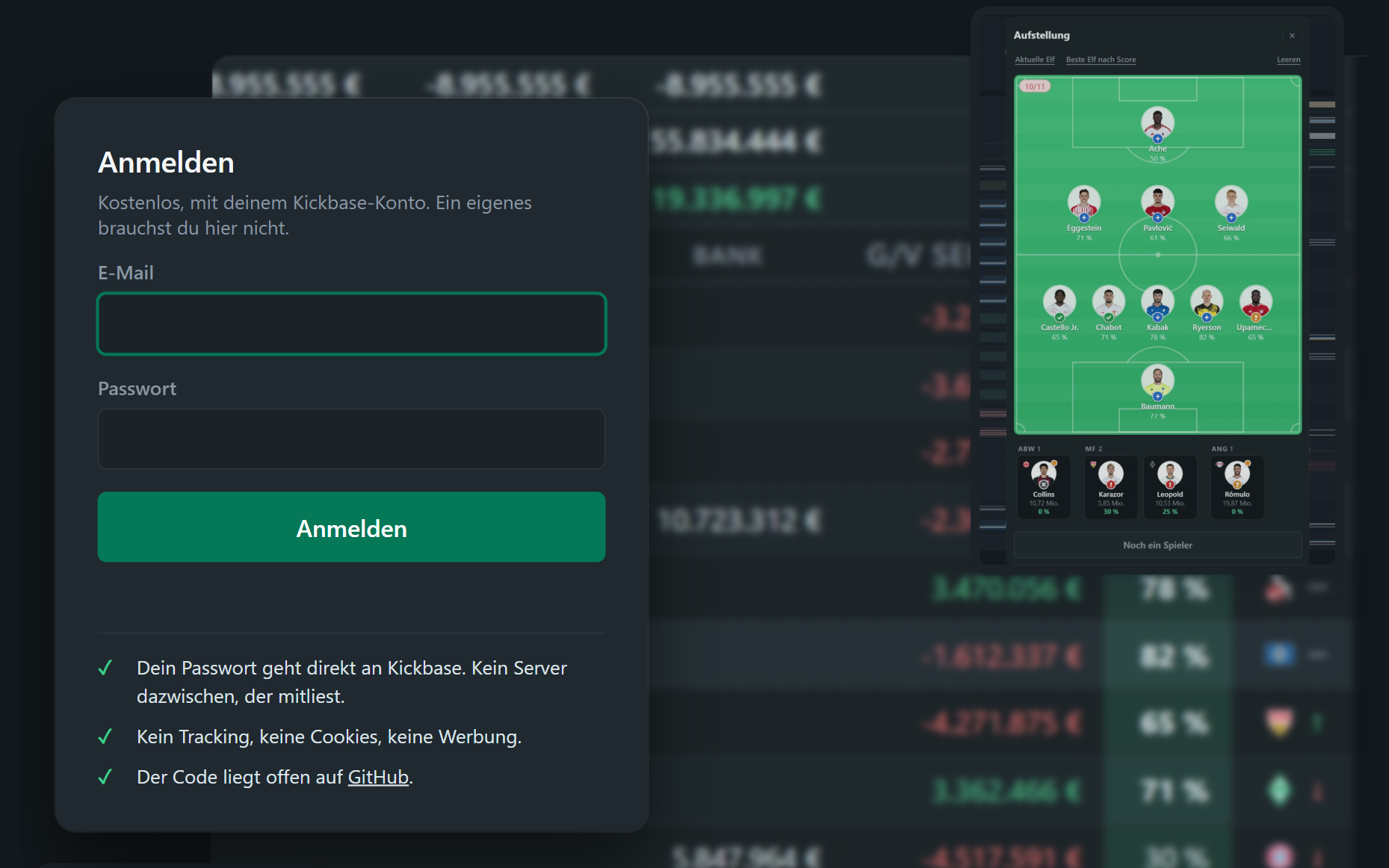 Kickbase Kaderplaner, der Anmeldebildschirm über dem Kader-Dashboard