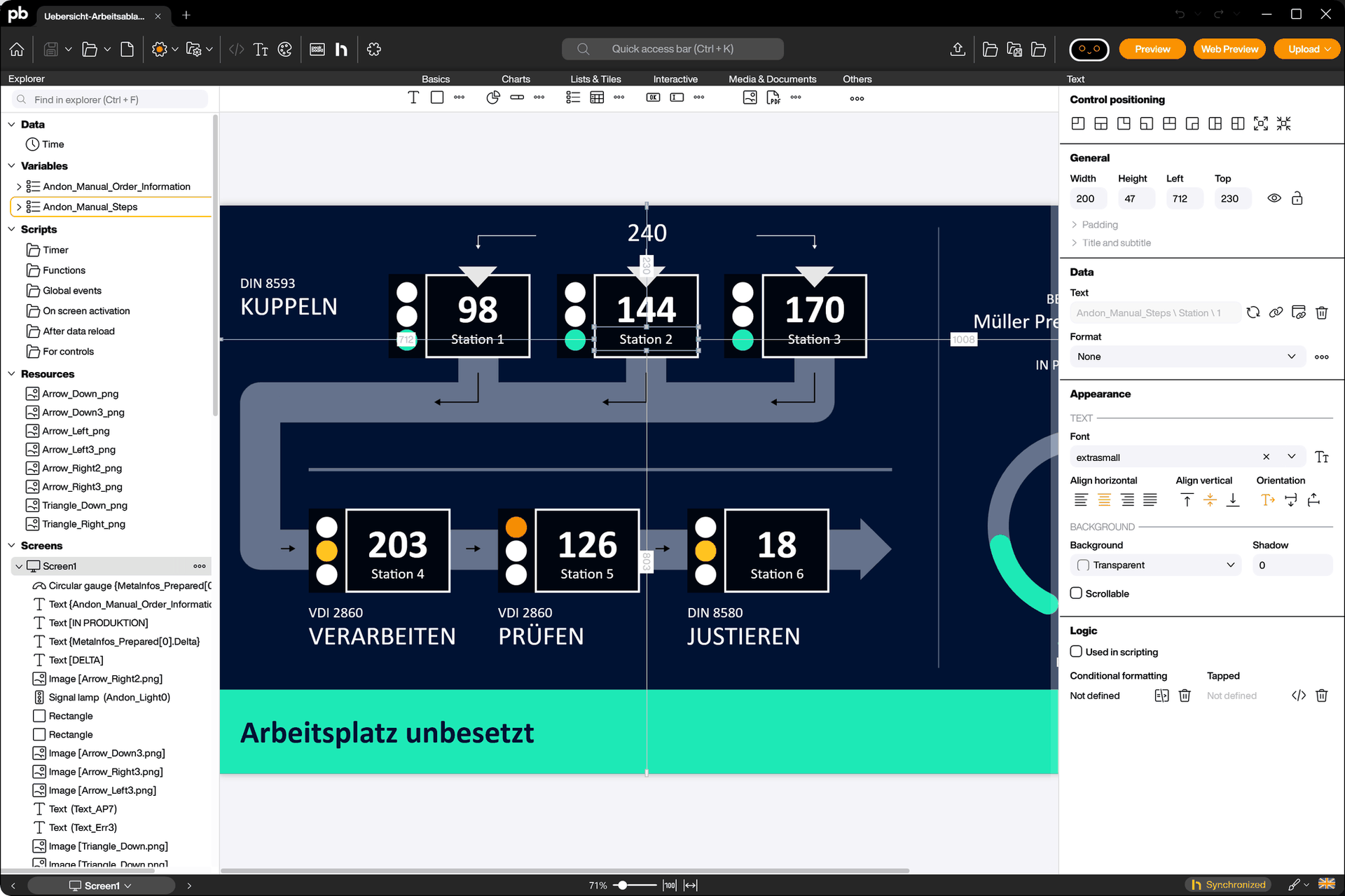 Peakboard Designer, ein Board mit sechs Stationen auf der Arbeitsfläche und rechts die Eigenschaften eines Text-Steuerelements