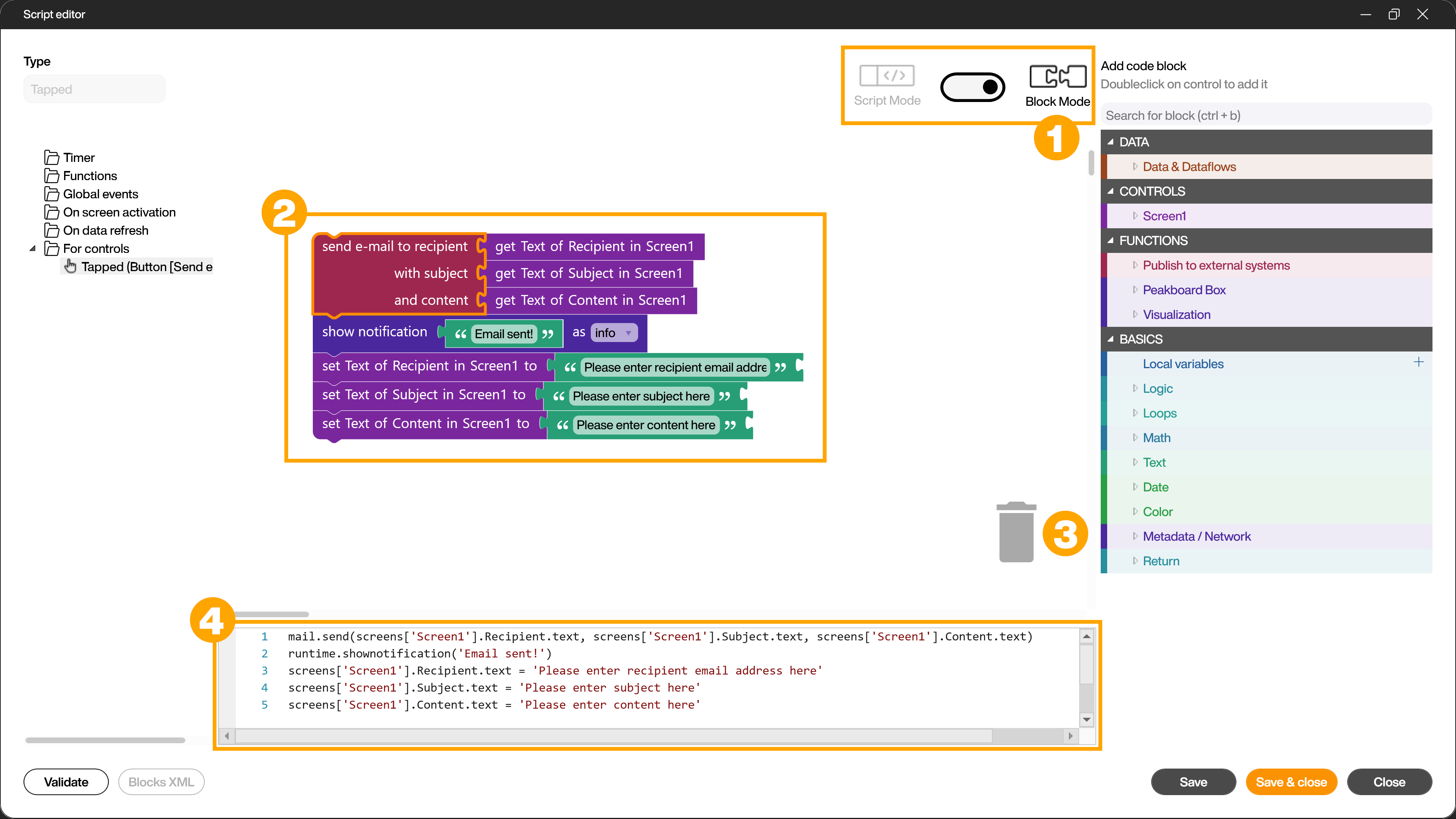 Peakboard Script editor - Building Blocks in block mode