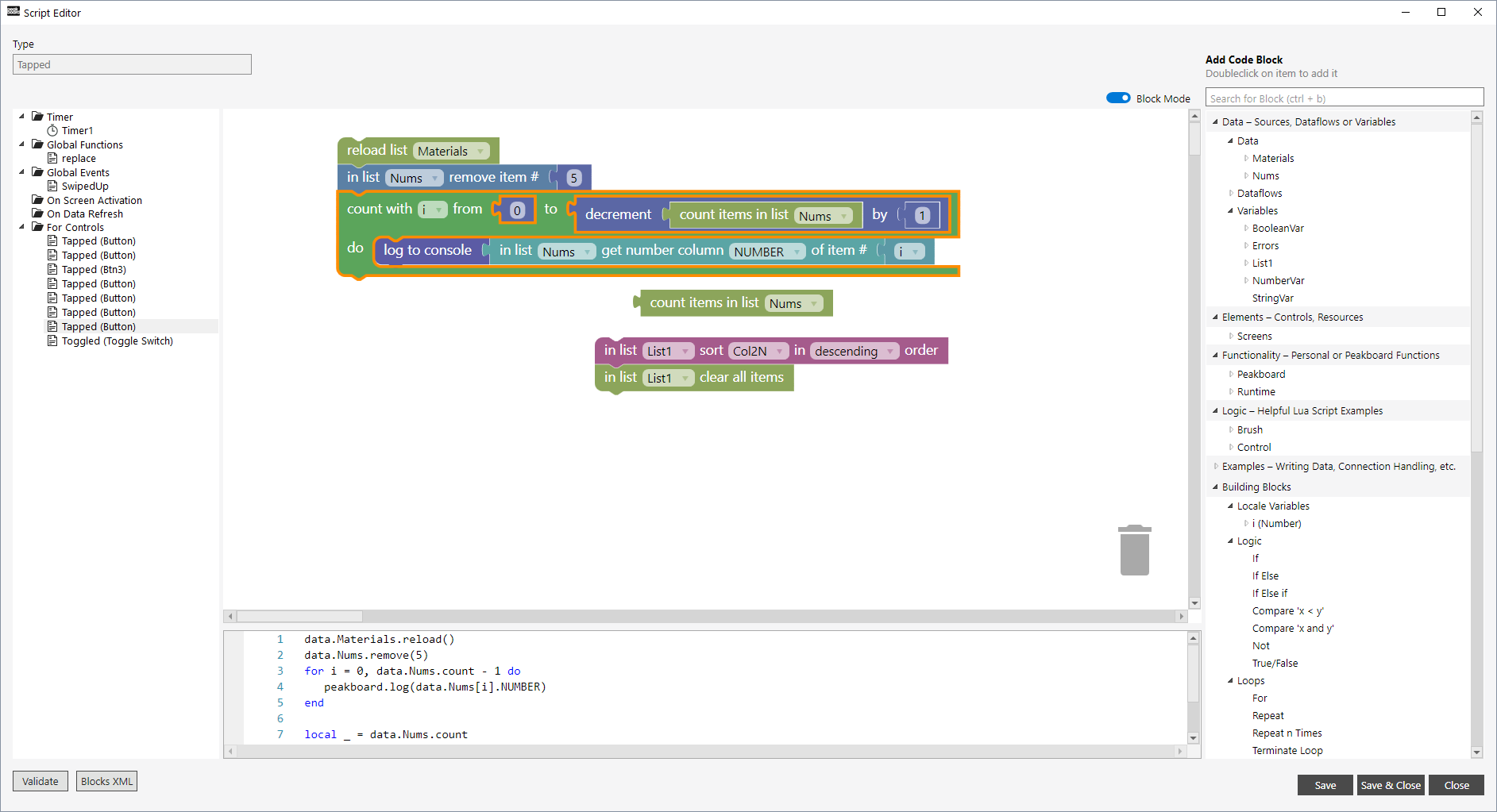 Building Blocks in the Peakboard Script Editor - block mode with the generated Lua below