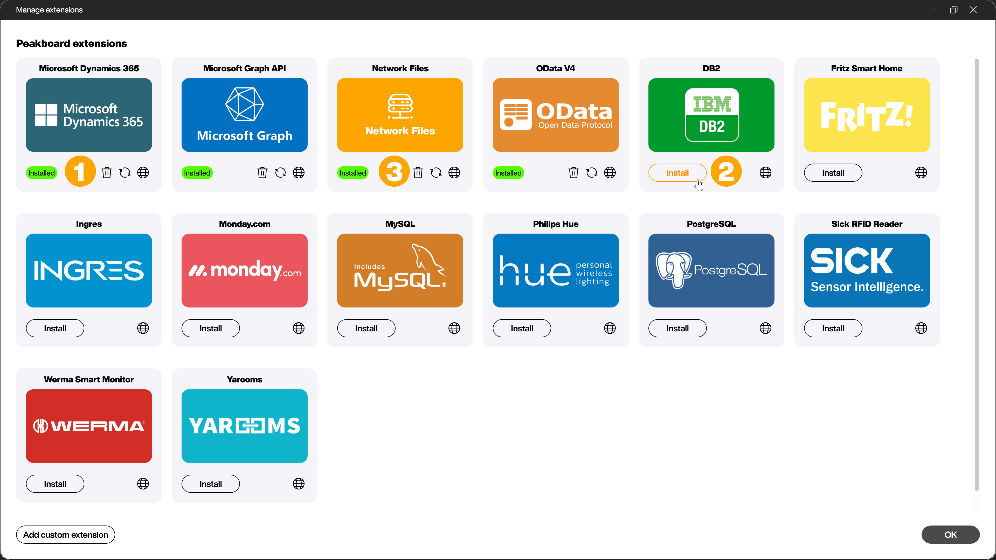 Peakboard Designer, the Manage extensions dialog