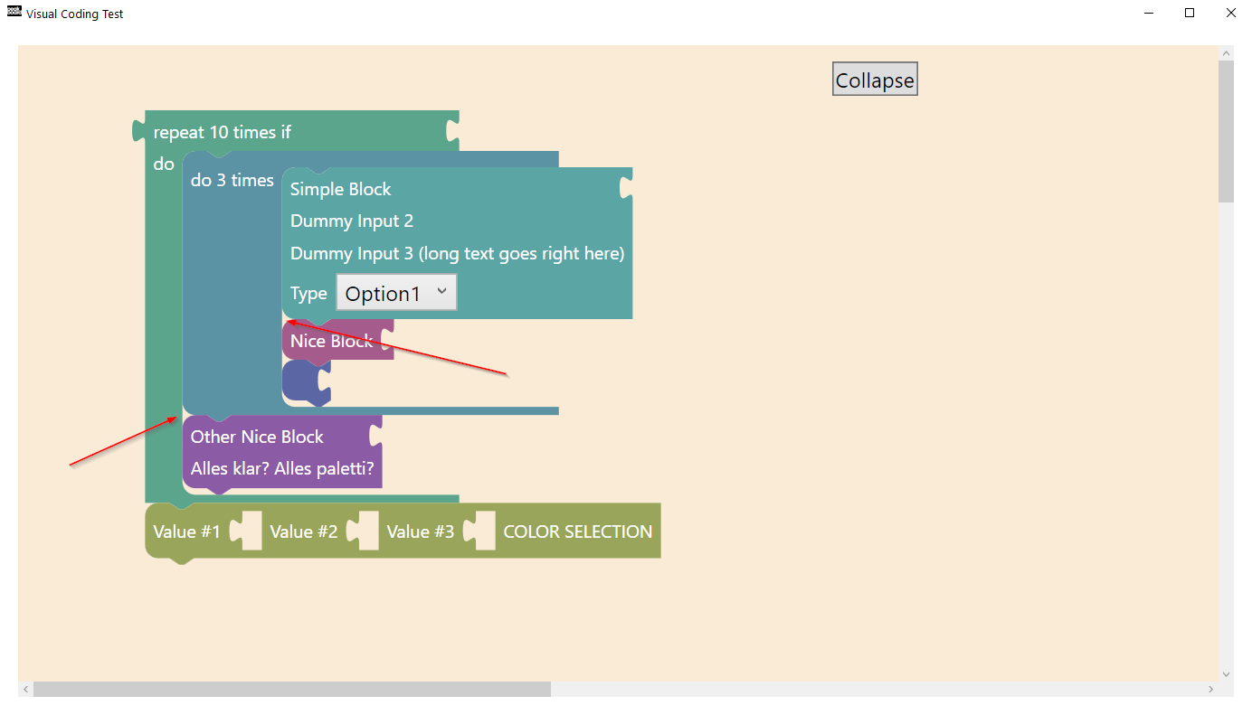 Visual Coding prototype, block canvas with dummy blocks