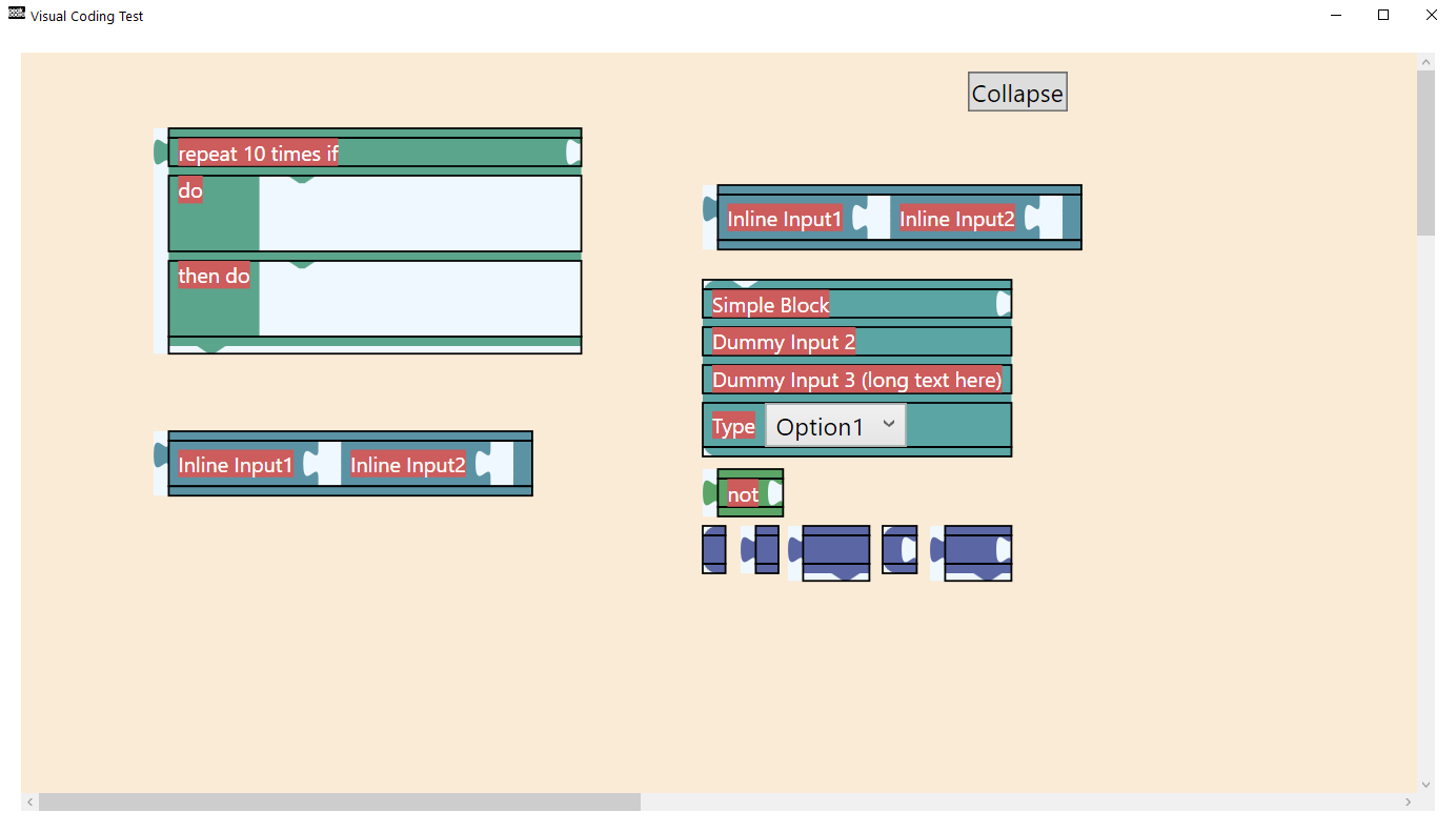 Visual Coding prototype, loop block and inline input test blocks