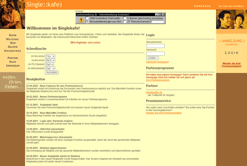 Die Startseite von Singlekafe.de im September 2002