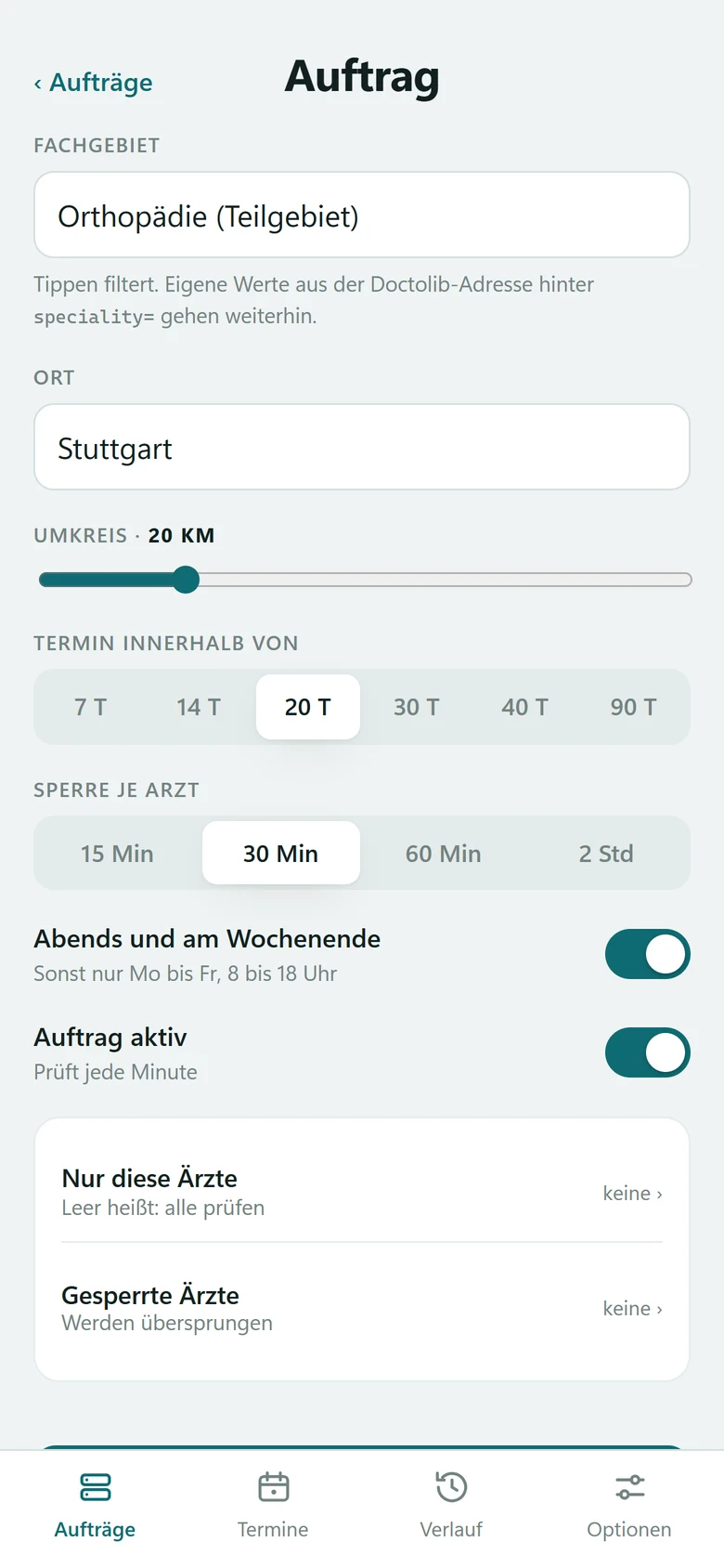Doc2Lib SlotWatch, die Einstellungen eines Auftrags