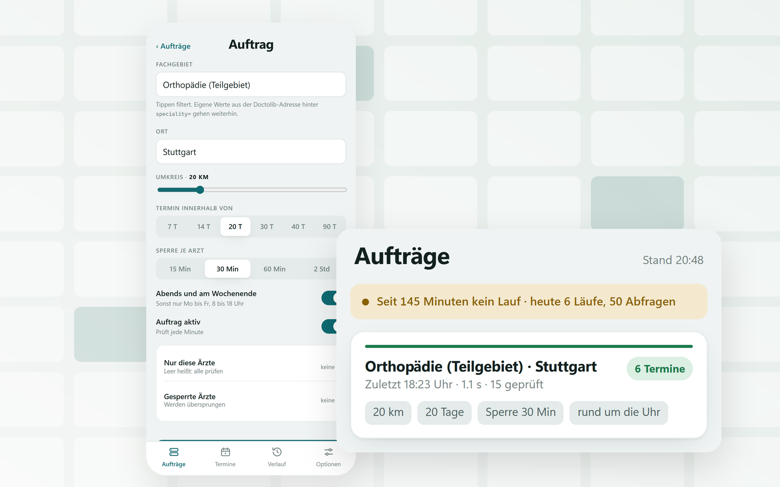 Das SlotWatch-Auftragsformular und die passende Terminliste